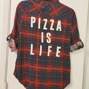 Pizza is life red plaid blouse